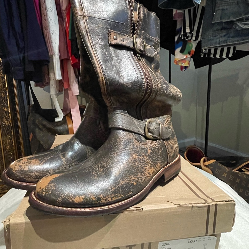 Bed Stu Cobbler Series Brown Boots with Mid-Calf Height and Stacked Heel